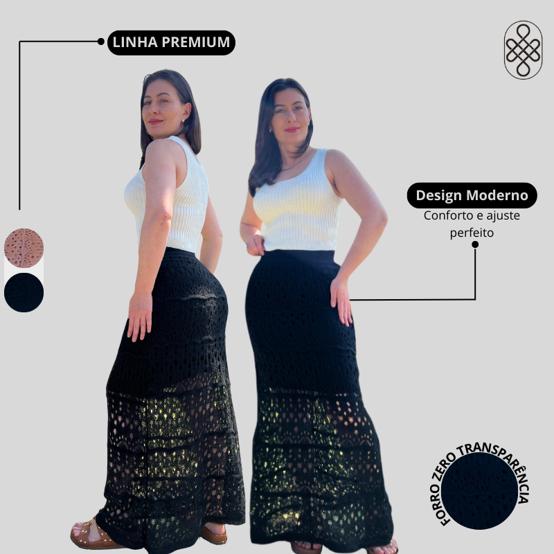 SAIA LONGA MIDI ELEGANTE SEREIA TRICO RENDADA