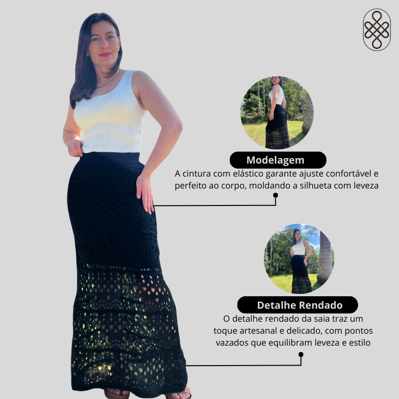 SAIA LONGA MIDI ELEGANTE SEREIA TRICO RENDADA