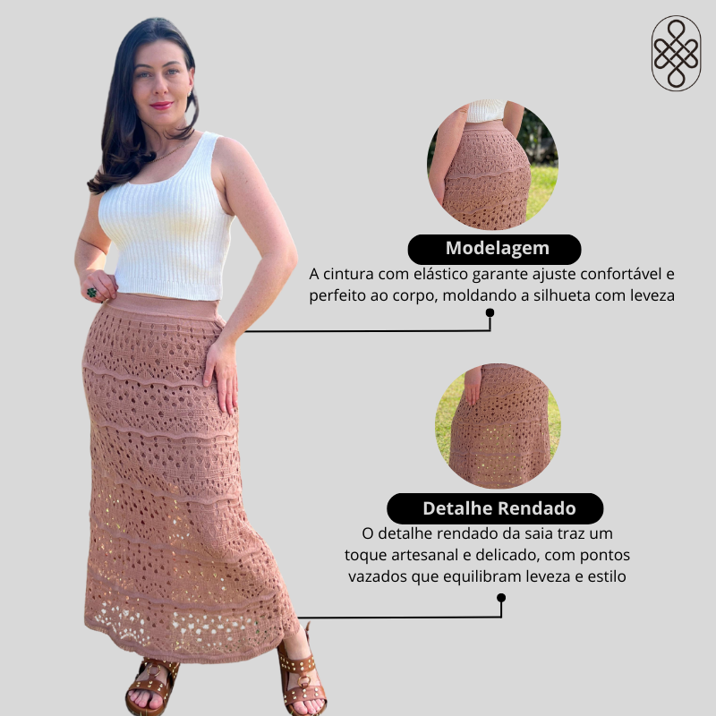 SAIA LONGA MIDI ELEGANTE SEREIA TRICO RENDADA
