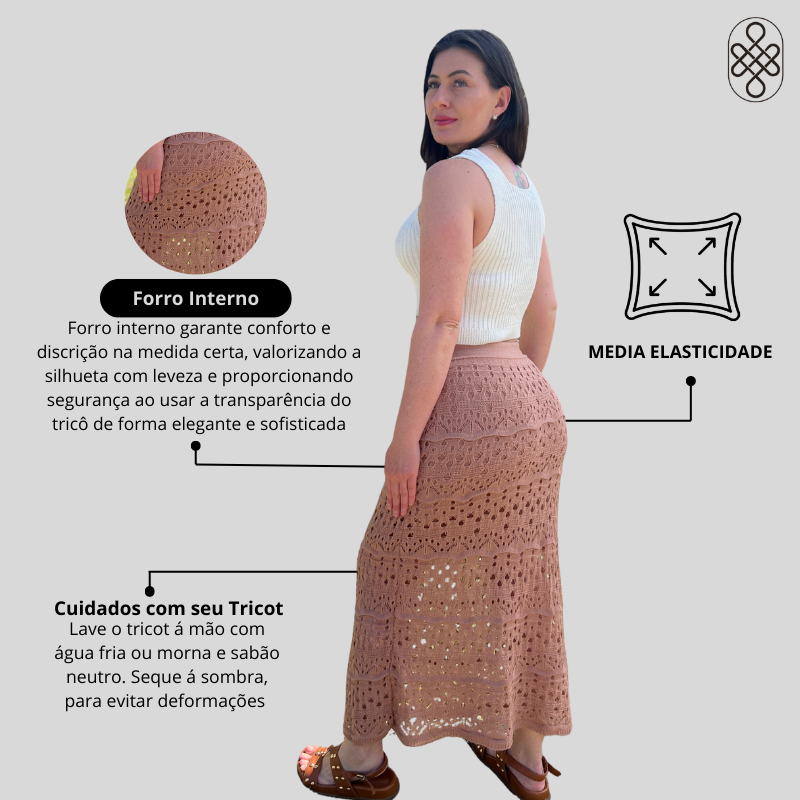 SAIA LONGA MIDI ELEGANTE SEREIA TRICO RENDADA