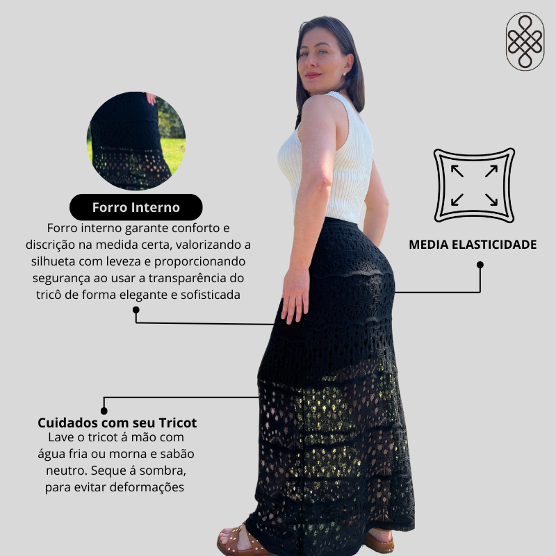 SAIA LONGA MIDI ELEGANTE SEREIA TRICO RENDADA
