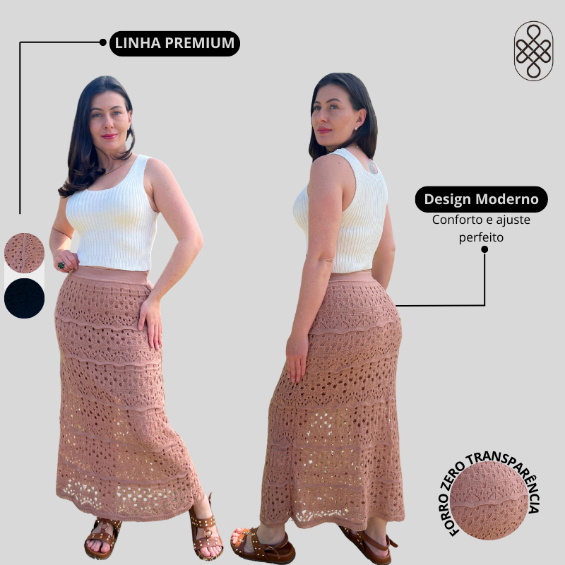SAIA LONGA MIDI ELEGANTE SEREIA TRICO RENDADA