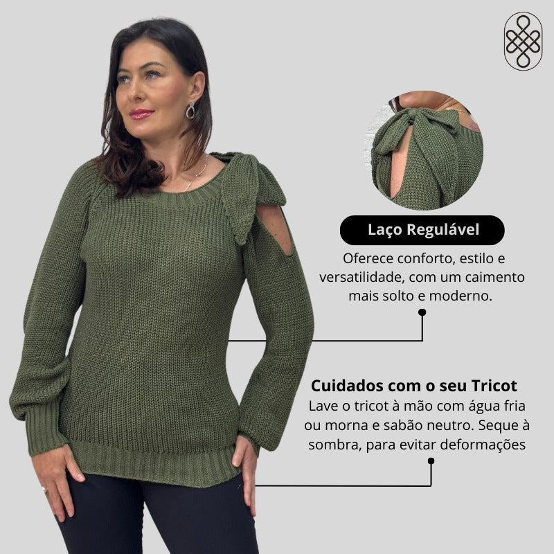 BLUSA BOHO TRICO MANGA LOGA INVERNO LAÇO