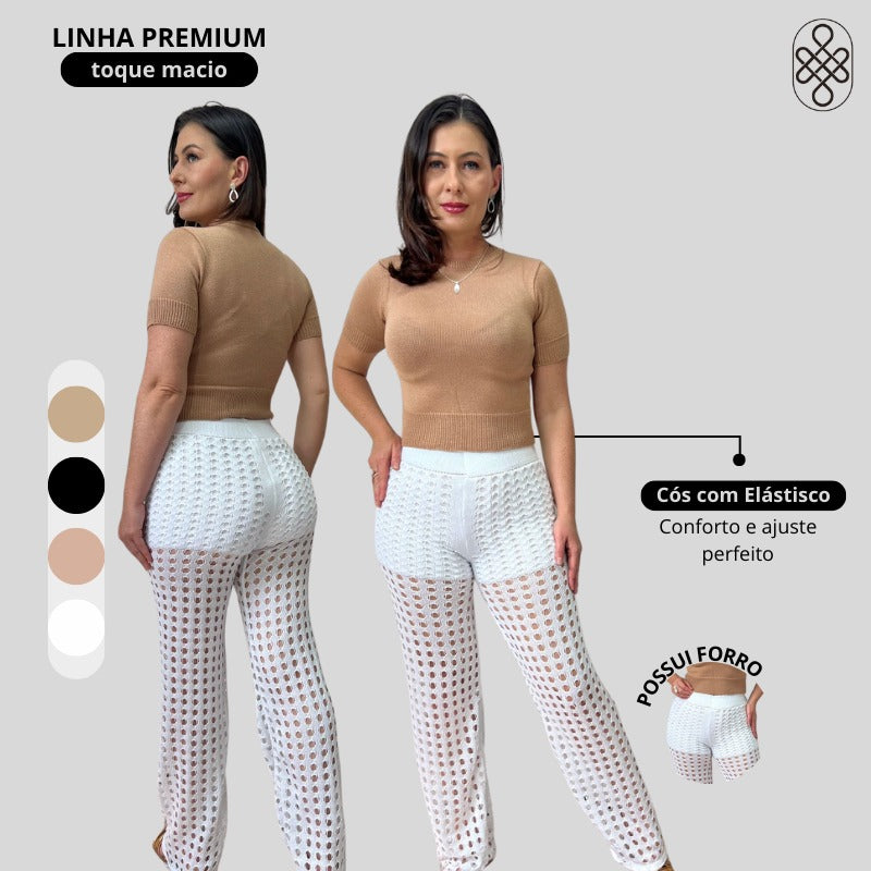 CALÇA TRICO RENDADA COM FORRO