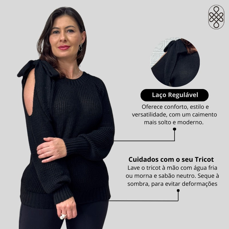 BLUSA BOHO TRICO MANGA LOGA INVERNO LAÇO